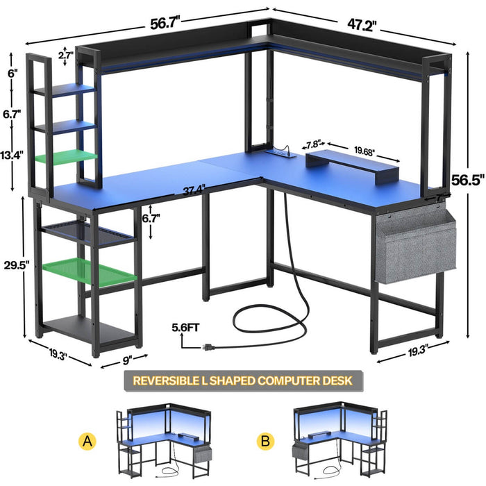 L-Shaped Desk with Power Outlet, LED Light & Hutch - Reversible, with Monitor Stand, Storage Shelves