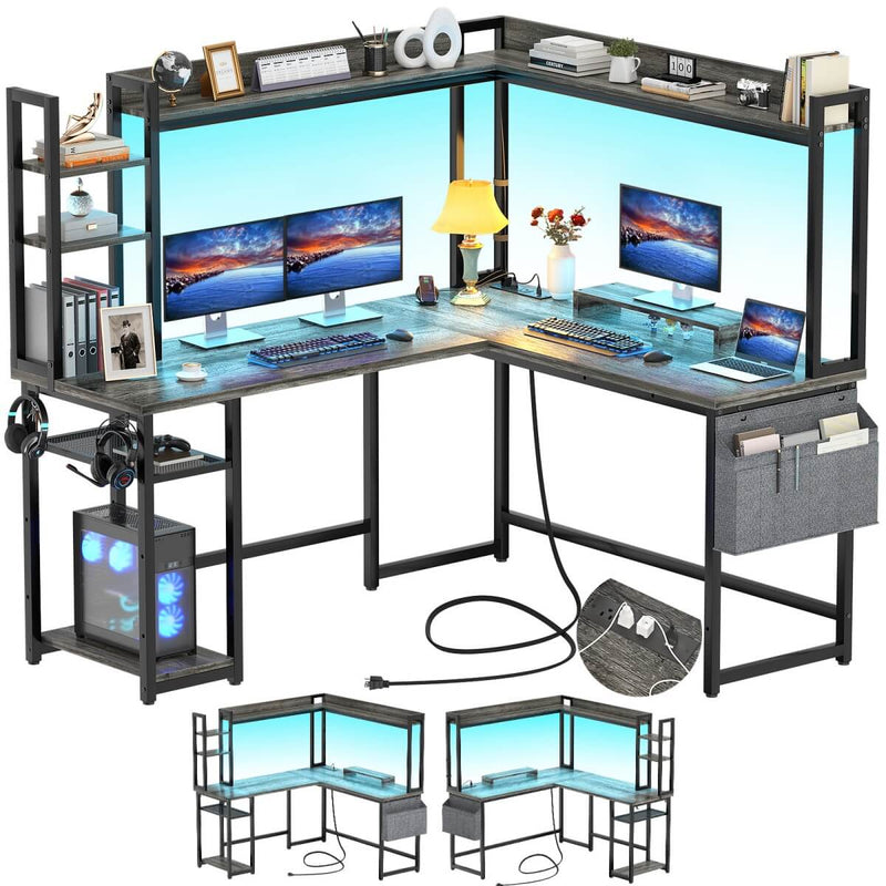 L-Shaped Desk with Power Outlet, LED Light & Hutch - Reversible, with Monitor Stand, Storage Shelves