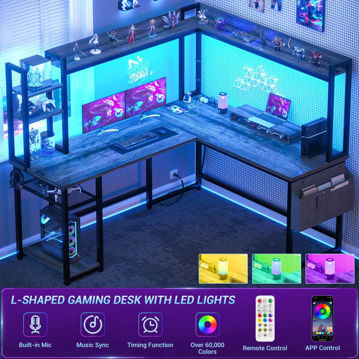 L-Shaped Desk with Power Outlet, LED Light & Hutch - Reversible, with Monitor Stand, Storage Shelves
