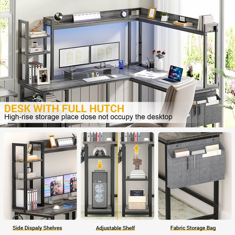 L-Shaped Desk with Power Outlet, LED Light & Hutch - Reversible, with Monitor Stand, Storage Shelves