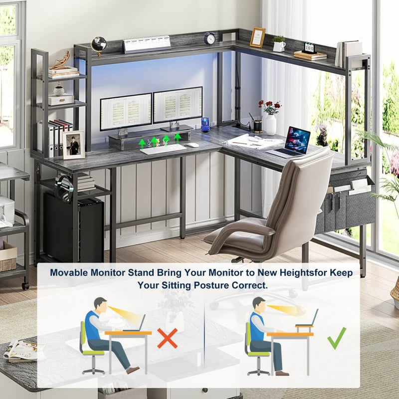 L-Shaped Desk with Power Outlet, LED Light & Hutch - Reversible, with Monitor Stand, Storage Shelves