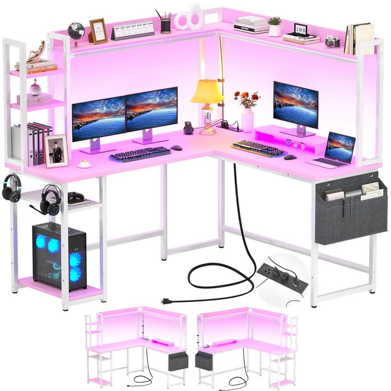 L-Shaped Desk with Power Outlet, LED Light & Hutch - Reversible, with Monitor Stand, Storage Shelves