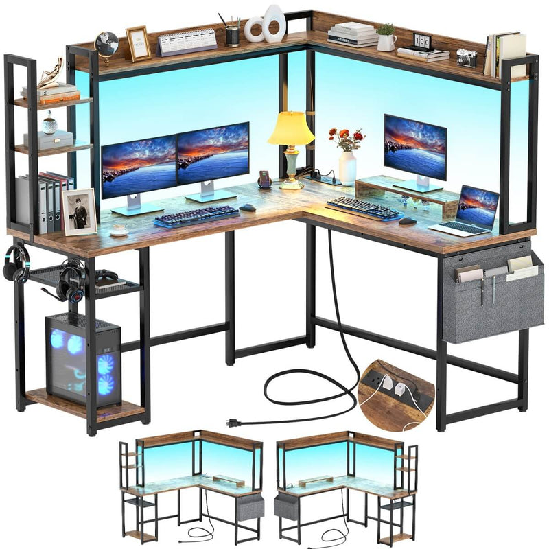 L-Shaped Desk with Power Outlet, LED Light & Hutch - Reversible, with Monitor Stand, Storage Shelves