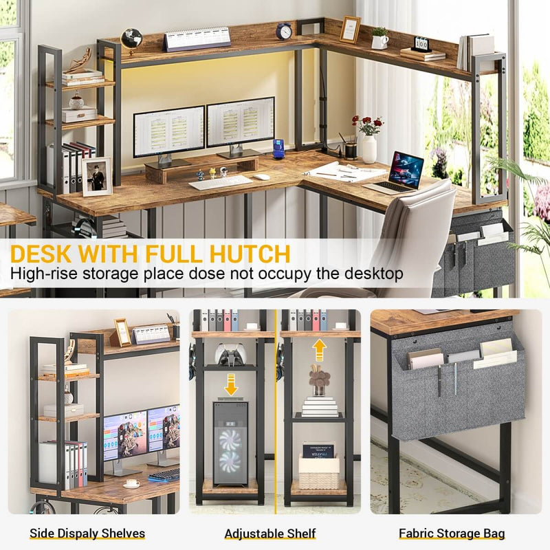 L-Shaped Desk with Power Outlet, LED Light & Hutch - Reversible, with Monitor Stand, Storage Shelves