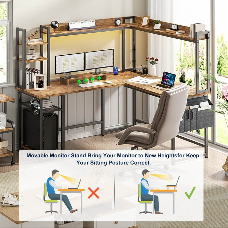 L-Shaped Desk with Power Outlet, LED Light & Hutch - Reversible, with Monitor Stand, Storage Shelves