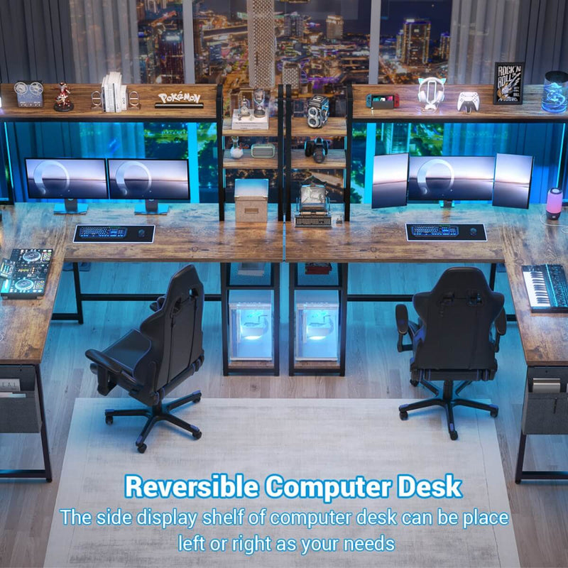 L-Shaped Desk with Power Outlet, LED Light & Hutch - Reversible, with Monitor Stand, Storage Shelves