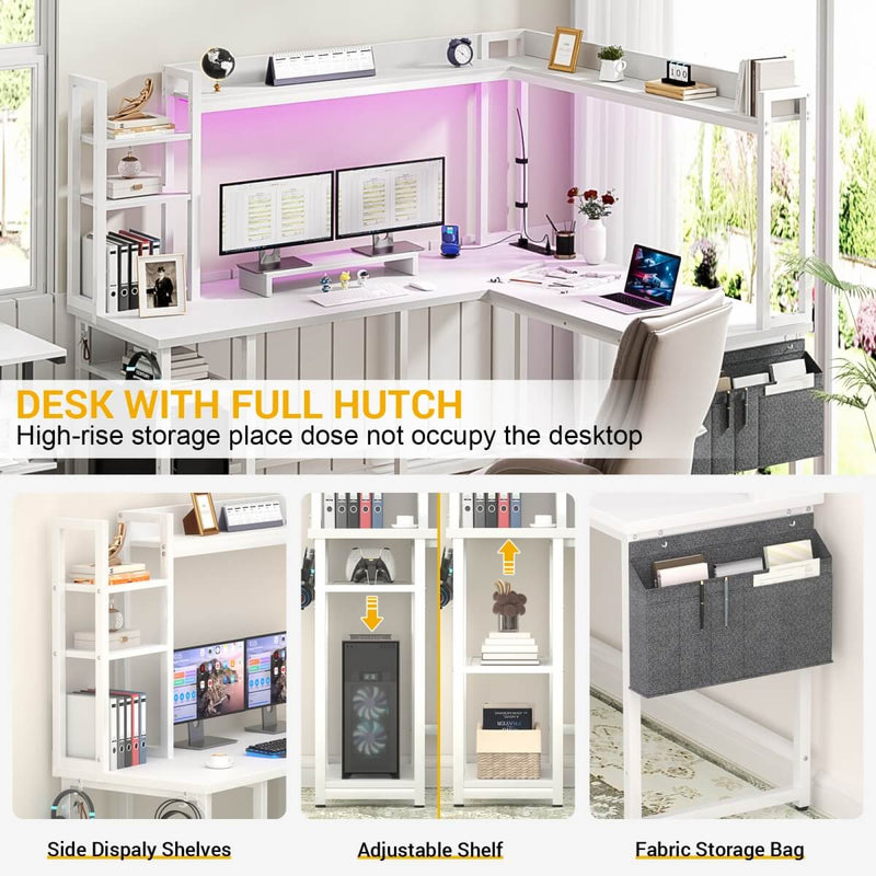 L-Shaped Desk with Power Outlet, LED Light & Hutch - Reversible, with Monitor Stand, Storage Shelves