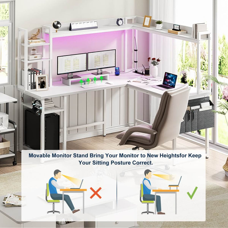 L-Shaped Desk with Power Outlet, LED Light & Hutch - Reversible, with Monitor Stand, Storage Shelves