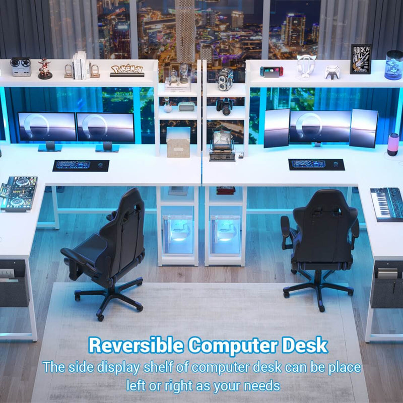 L-Shaped Desk with Power Outlet, LED Light & Hutch - Reversible, with Monitor Stand, Storage Shelves