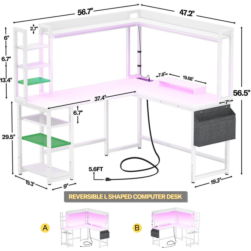 L-Shaped Desk with Power Outlet, LED Light & Hutch - Reversible, with Monitor Stand, Storage Shelves