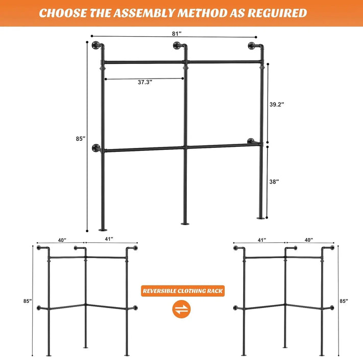 3.5 - 13 FT Wall Mounted Industrial Metal Pipe Clothing Rack, Reversible