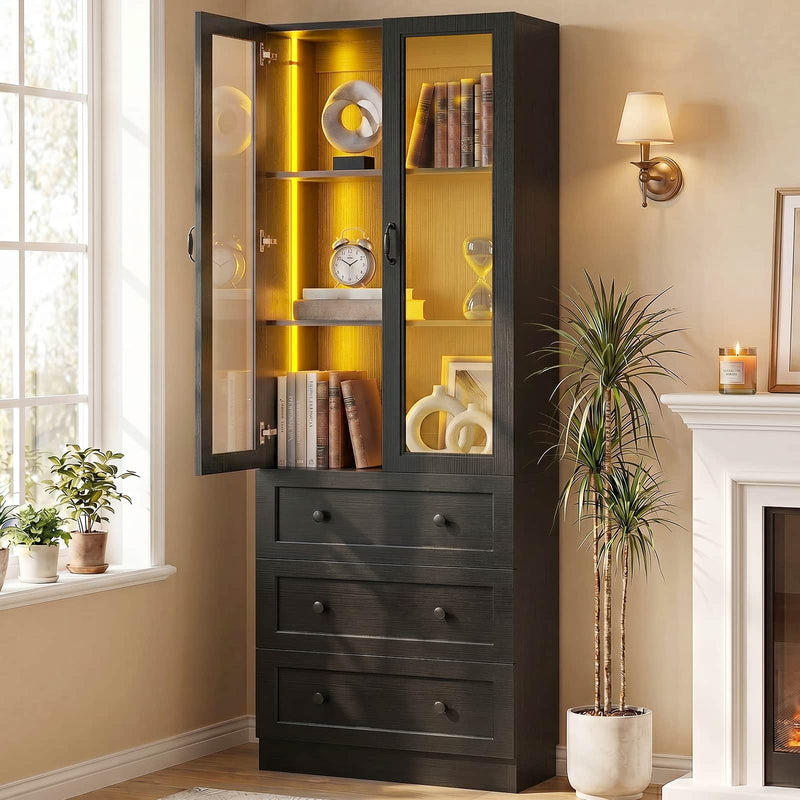 80" Tall Bookcase with Drawers and Glass Doors