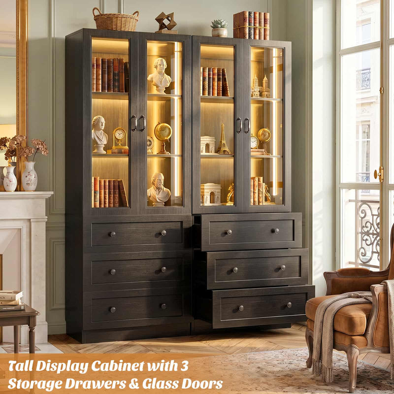 80" Tall Bookcase with Drawers and Glass Doors