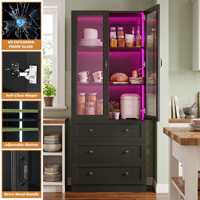 80" Tall Bookcase with Drawers and Glass Doors