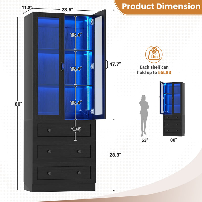 80" Tall Bookcase with Drawers and Glass Doors