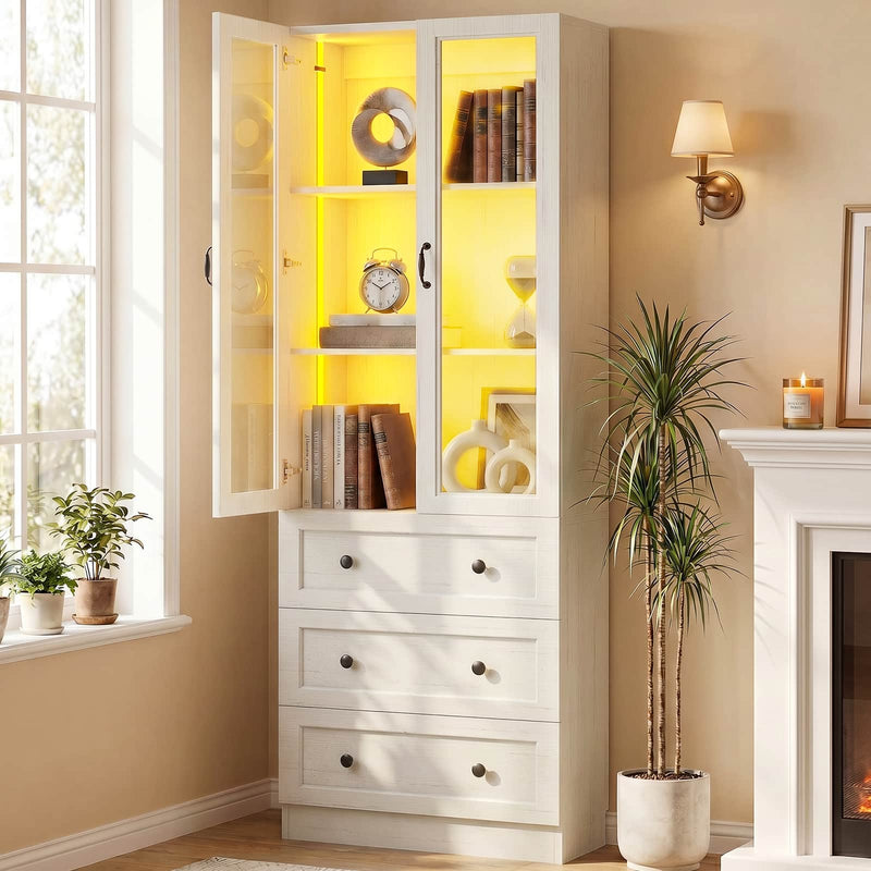80" Tall Bookcase with Drawers and Glass Doors