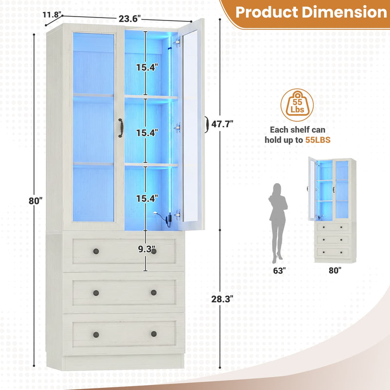80" Tall Bookcase with Drawers and Glass Doors