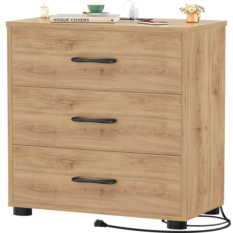 Night Stand with Charger Station, 21.7'' Wider Nightstands with 3 Wooden Drawers