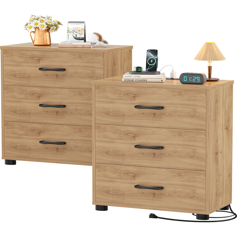 Night Stand Set of 2 with Charger Station, 21.7'' Wider Nightstands with 3 Wooden Drawers