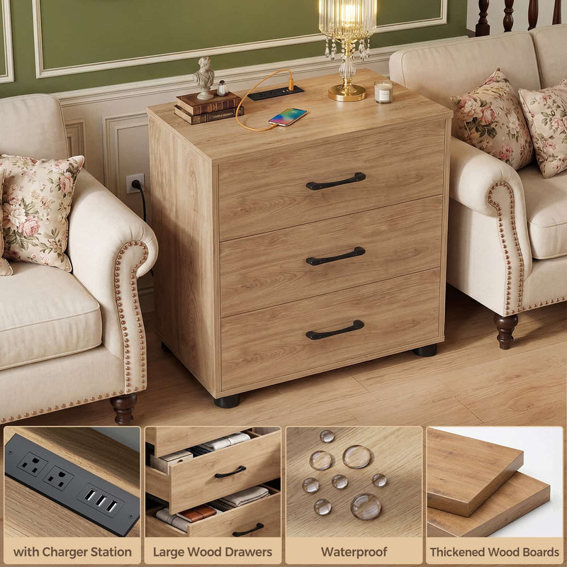 Night Stand Set of 2 with Charger Station, 21.7'' Wider Nightstands with 3 Wooden Drawers