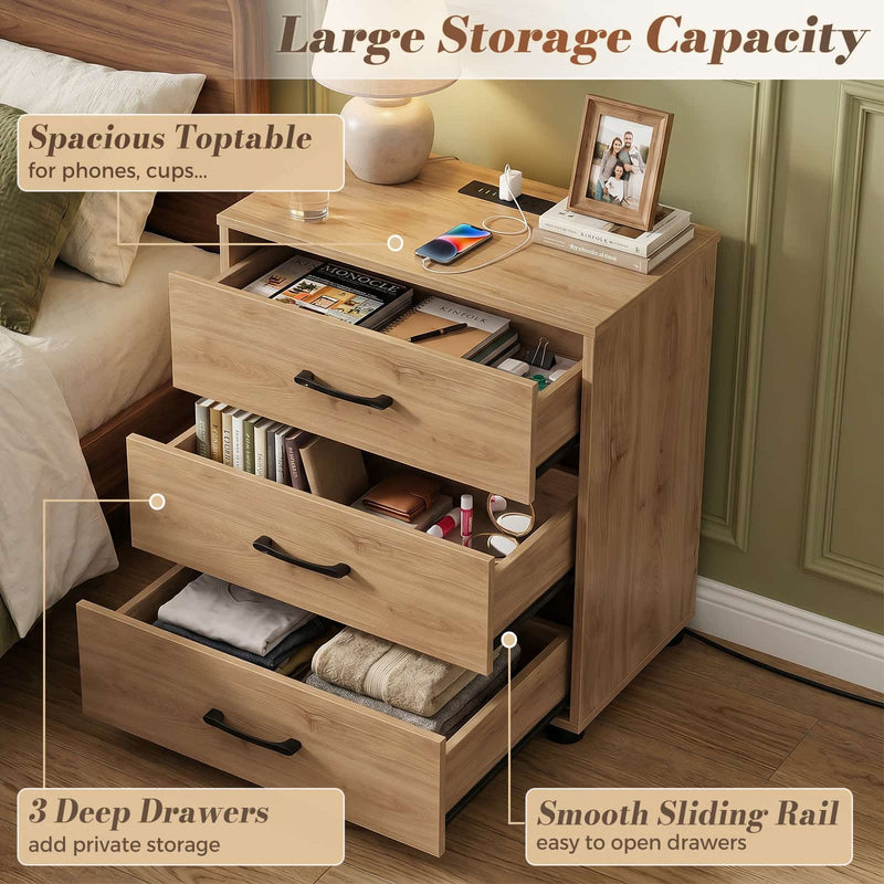 Night Stand with Charger Station, 21.7'' Wider Nightstands with 3 Wooden Drawers