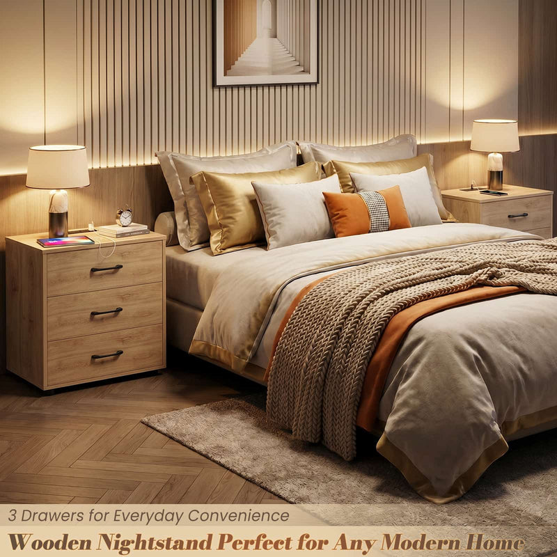 Night Stand Set of 2 with Charger Station, 21.7'' Wider Nightstands with 3 Wooden Drawers