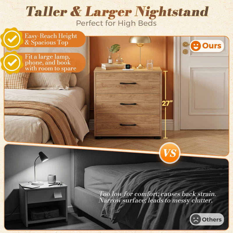 Night Stand with Charger Station, 21.7'' Wider Nightstands with 3 Wooden Drawers