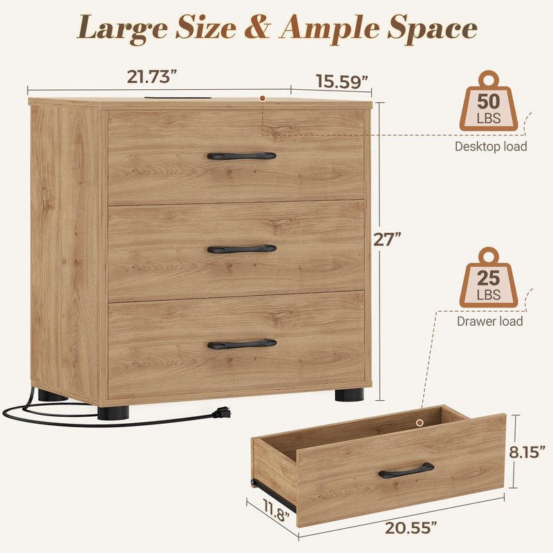 Night Stand with Charger Station, 21.7'' Wider Nightstands with 3 Wooden Drawers