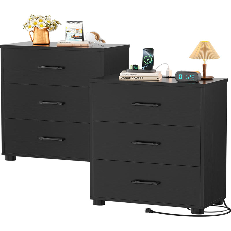 Night Stand Set of 2 with Charger Station, 21.7'' Wider Nightstands with 3 Wooden Drawers