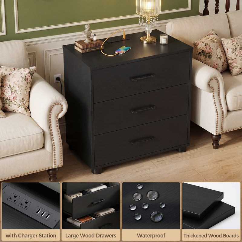 Night Stand with Charger Station, 21.7'' Wider Nightstands with 3 Wooden Drawers