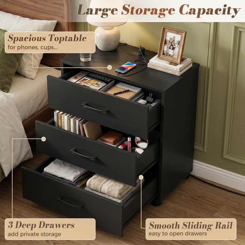 Night Stand with Charger Station, 21.7'' Wider Nightstands with 3 Wooden Drawers