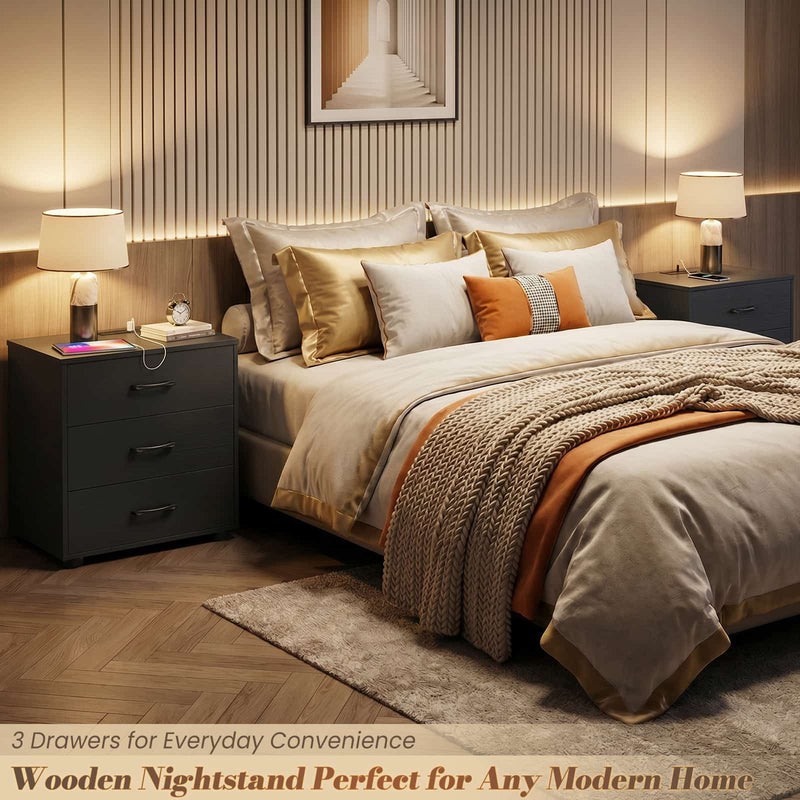 Night Stand Set of 2 with Charger Station, 21.7'' Wider Nightstands with 3 Wooden Drawers