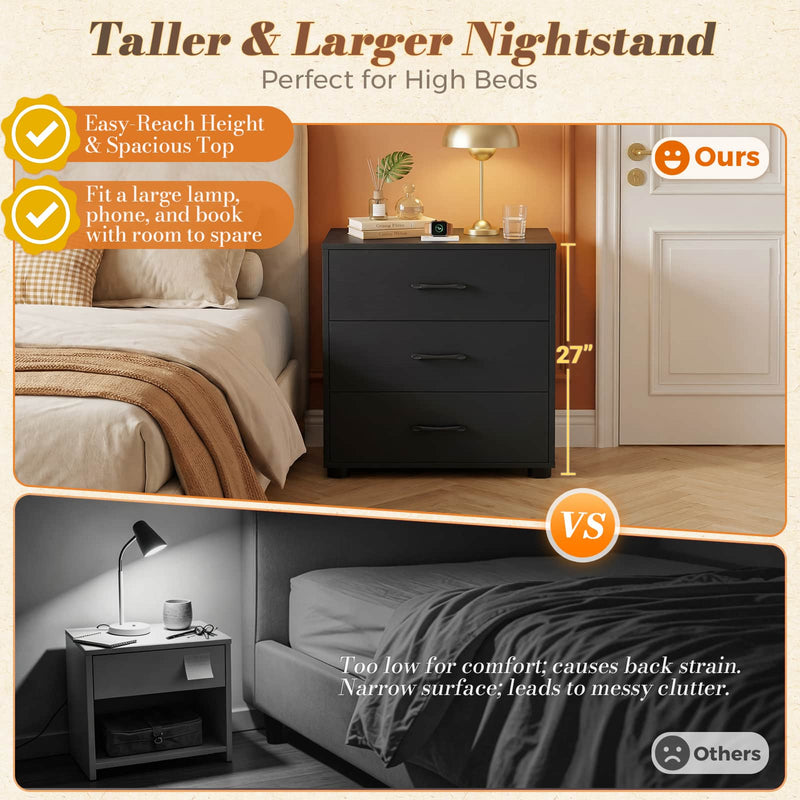 Night Stand Set of 2 with Charger Station, 21.7'' Wider Nightstands with 3 Wooden Drawers