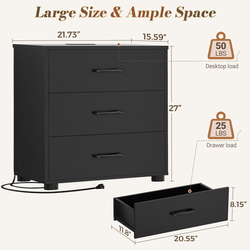 Night Stand Set of 2 with Charger Station, 21.7'' Wider Nightstands with 3 Wooden Drawers