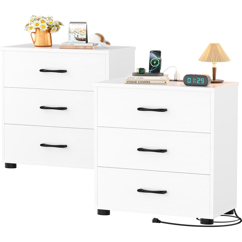 Night Stand Set of 2 with Charger Station, 21.7'' Wider Nightstands with 3 Wooden Drawers