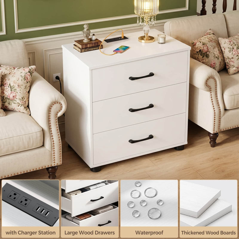 Night Stand with Charger Station, 21.7'' Wider Nightstands with 3 Wooden Drawers