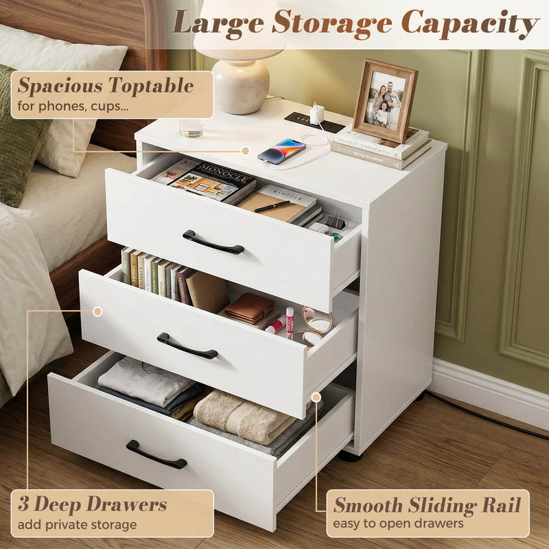 Night Stand Set of 2 with Charger Station, 21.7'' Wider Nightstands with 3 Wooden Drawers