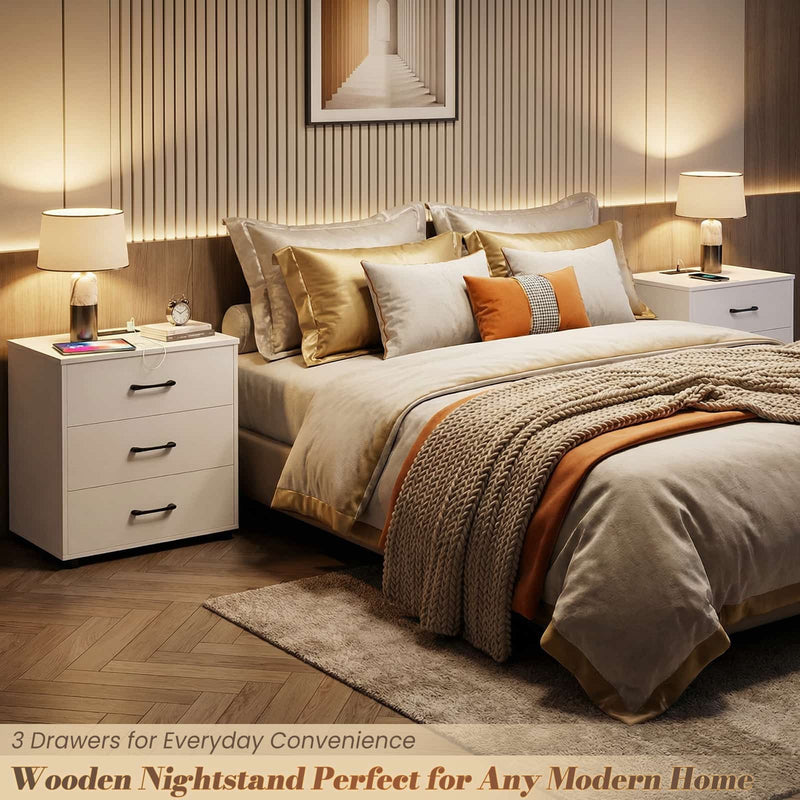 Night Stand with Charger Station, 21.7'' Wider Nightstands with 3 Wooden Drawers
