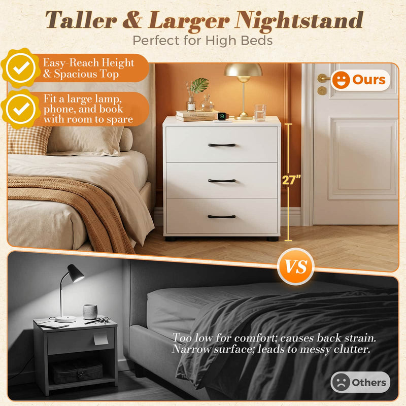 Night Stand with Charger Station, 21.7'' Wider Nightstands with 3 Wooden Drawers