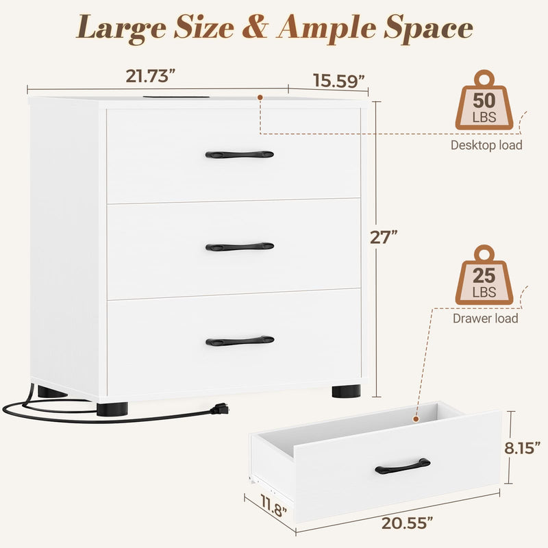 Night Stand with Charger Station, 21.7'' Wider Nightstands with 3 Wooden Drawers