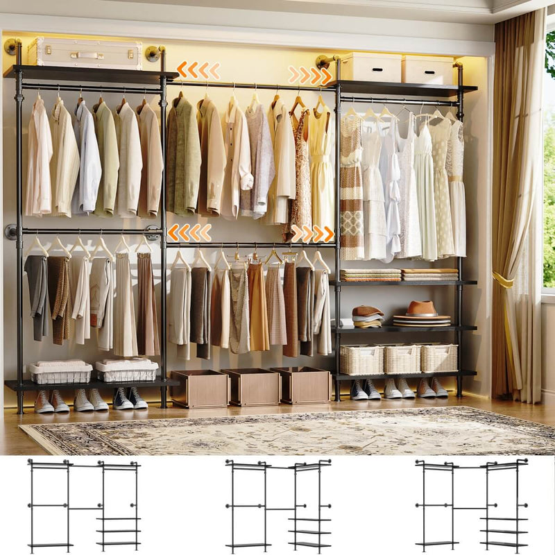Expandable Industrial Pipe Clothing Rack, with 6 Storage Shelves