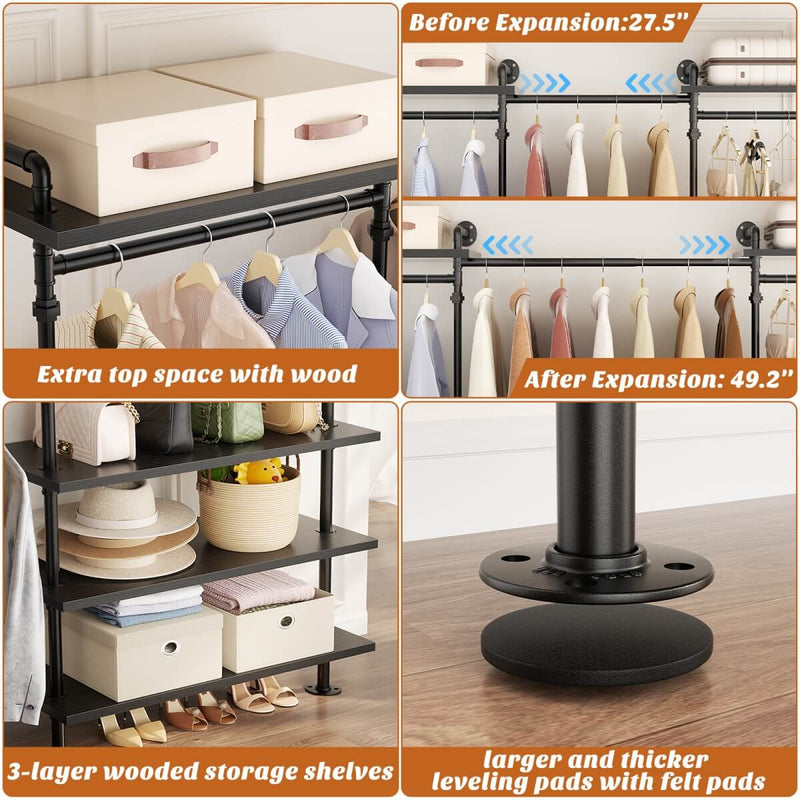 Expandable Industrial Pipe Clothing Rack, with 6 Storage Shelves