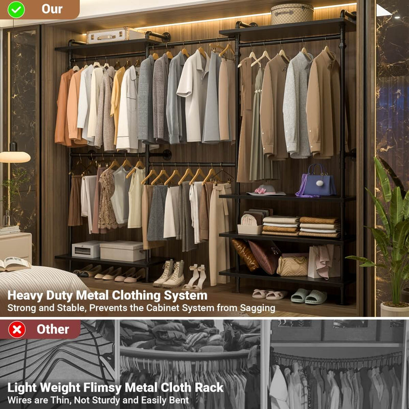 Expandable Industrial Pipe Clothing Rack, with 6 Storage Shelves