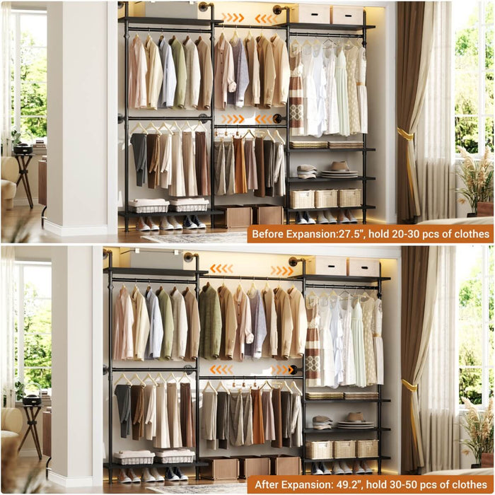 Expandable Industrial Pipe Clothing Rack, with 6 Storage Shelves