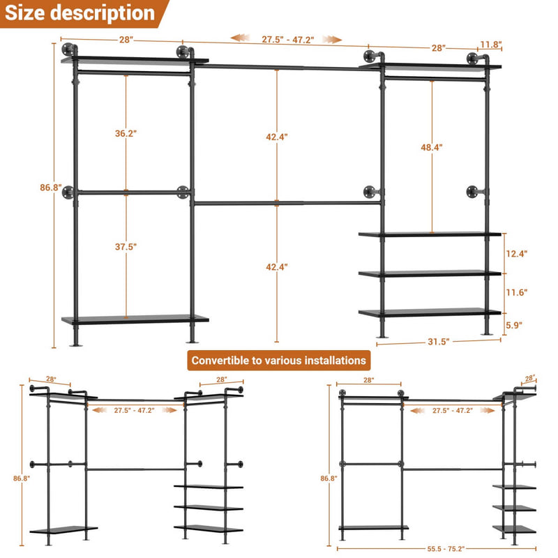 Expandable Industrial Pipe Clothing Rack, with 6 Storage Shelves