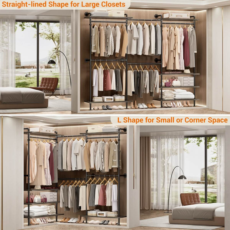 Expandable Industrial Pipe Clothing Rack, with 6 Storage Shelves