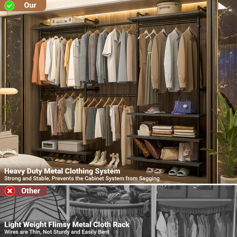 Expandable Industrial Pipe Clothing Rack, with 6 Storage Shelves