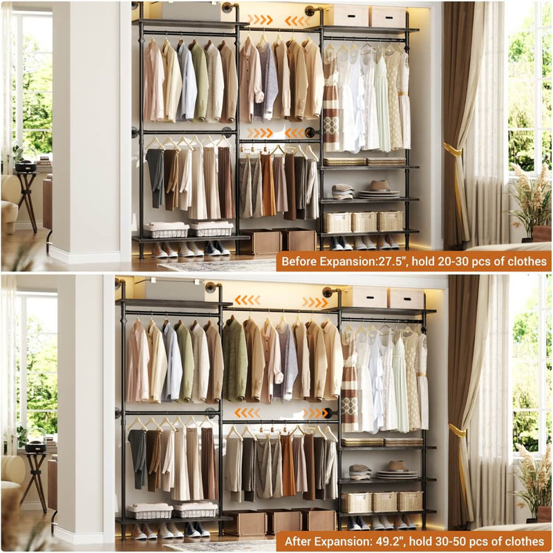 Expandable Industrial Pipe Clothing Rack, with 6 Storage Shelves