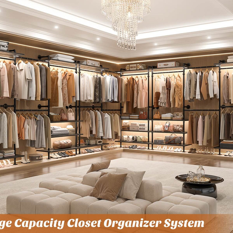 Expandable Industrial Pipe Clothing Rack, with 6 Storage Shelves