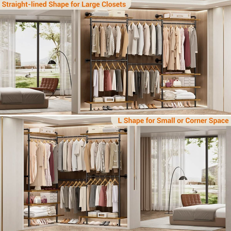 Expandable Industrial Pipe Clothing Rack, with 6 Storage Shelves